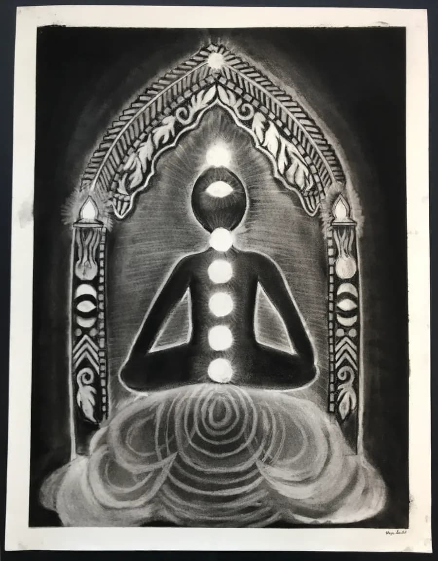 Charcoal drawing by Hope Still of a seated meditating figure beneath an ornate arch