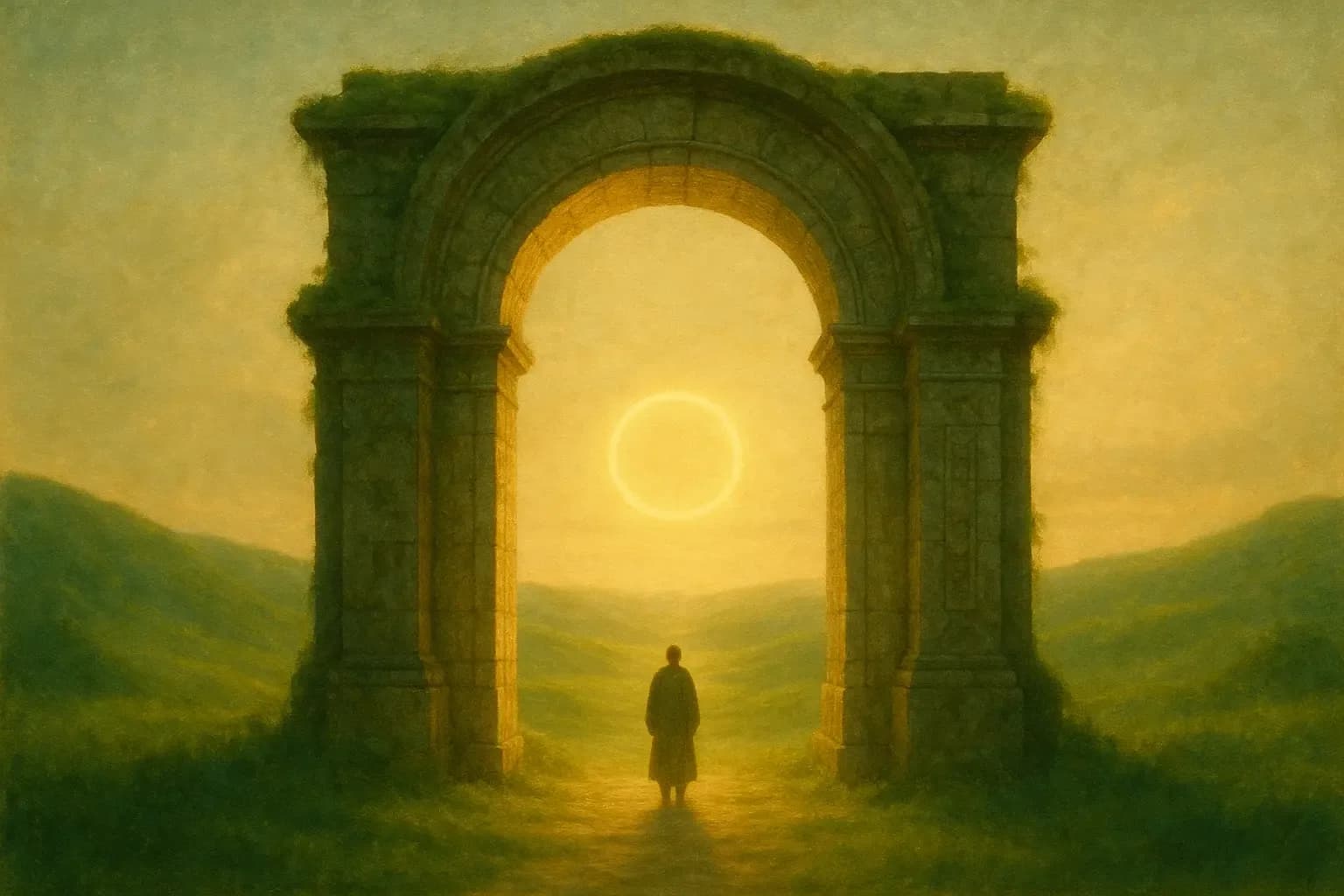 Hypnosis for learning and memory in Dutchess County NY, a figure beneath a stone archway at sunrise