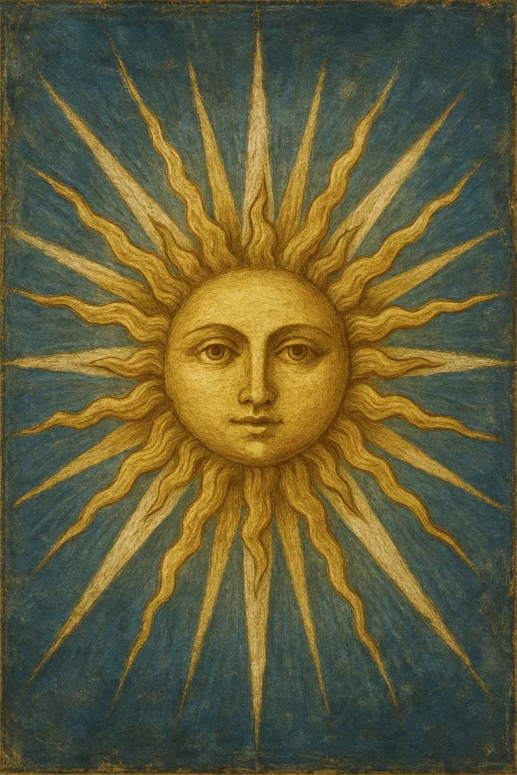 A golden sun fresco with a calm face