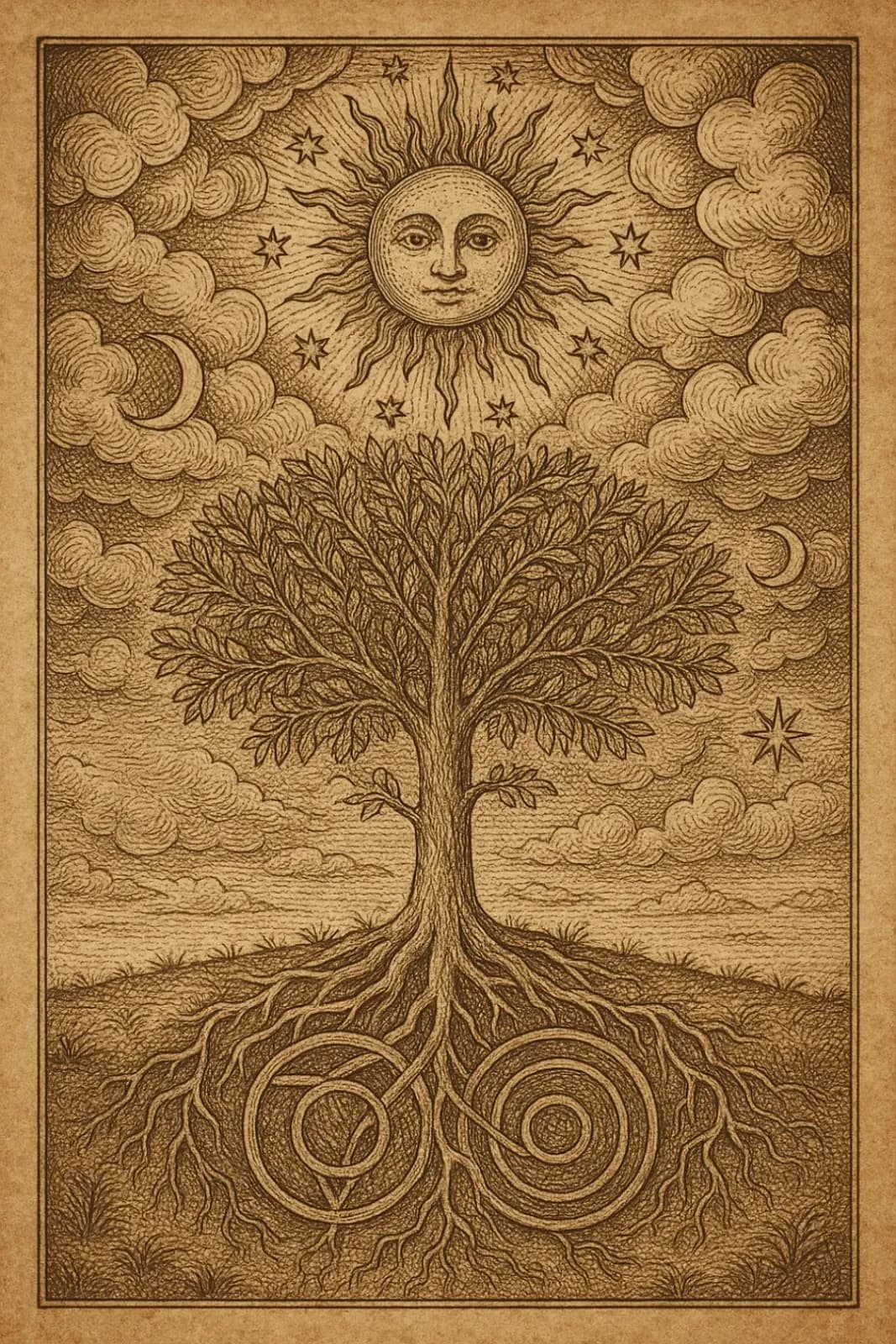An engraving of a tree with deep roots beneath a sun